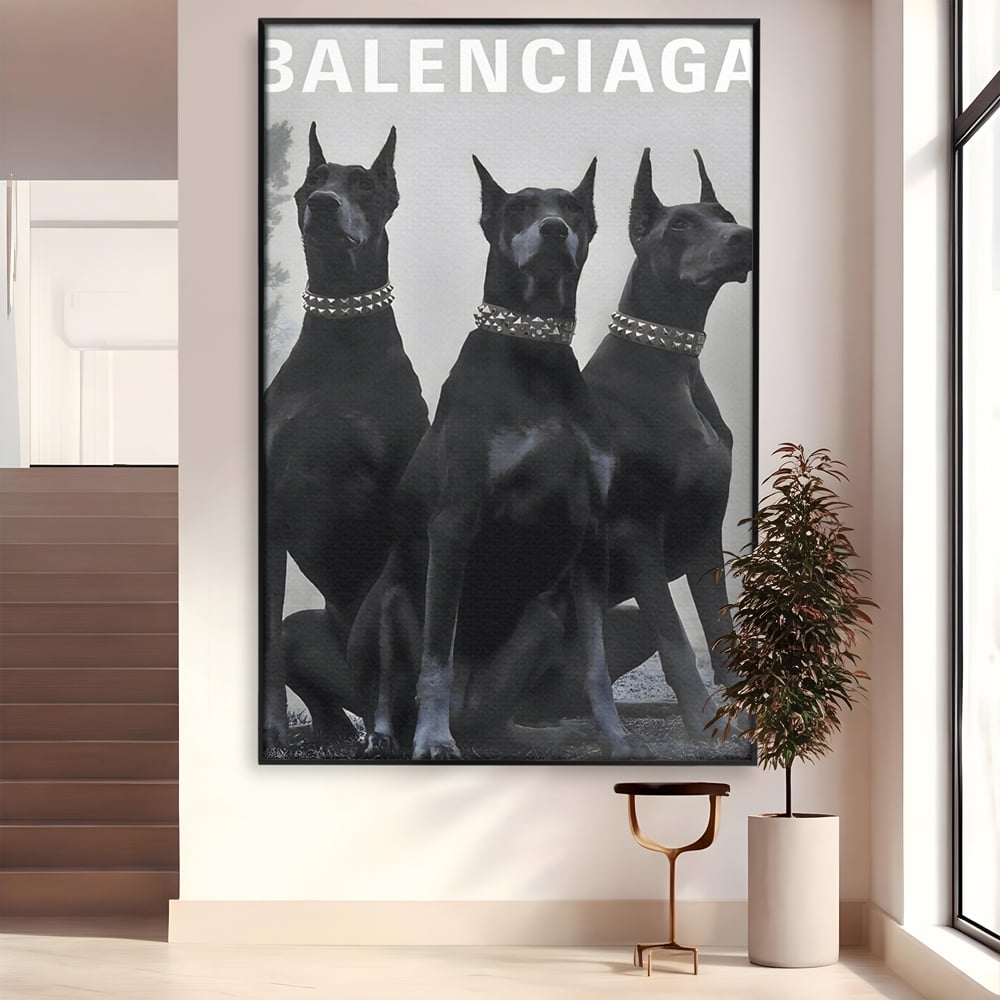 Tablou canvas cu tablou canvas cu trei dobermani, in rama de aluminiu negru