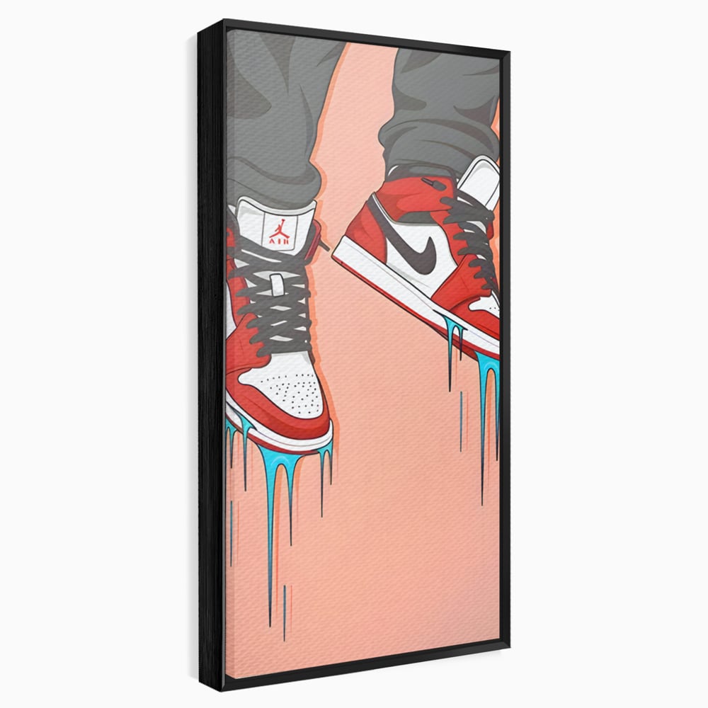 Tablou canvas cu ilustratie digitala cu adidasi rosii, in rama de aluminiu negru