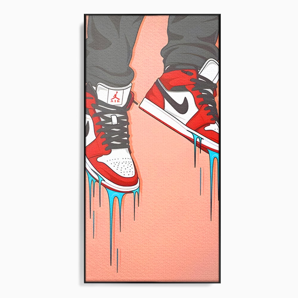 Tablou canvas cu ilustratie digitala cu adidasi rosii, in rama de aluminiu negru