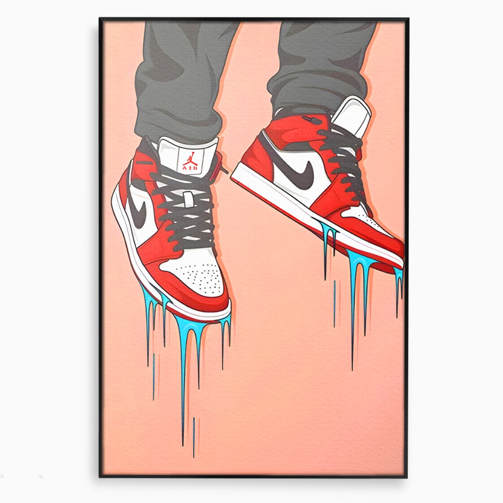 Tablou canvas cu ilustratie digitala cu adidasi rosii, in rama de aluminiu negru