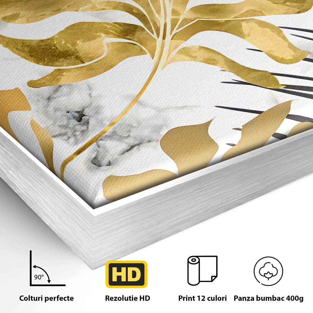 Detaliu al suprafetei: tablou canvas cu frunze tropicale, in rama de aluminiu argintiu