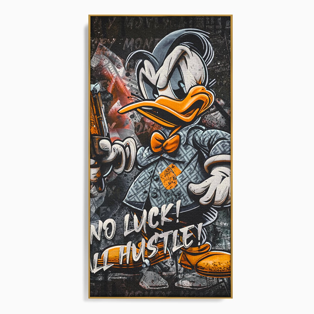 Tablou canvas cu tablou canvas cu donald duck revoltat, in rama de aluminiu auriu