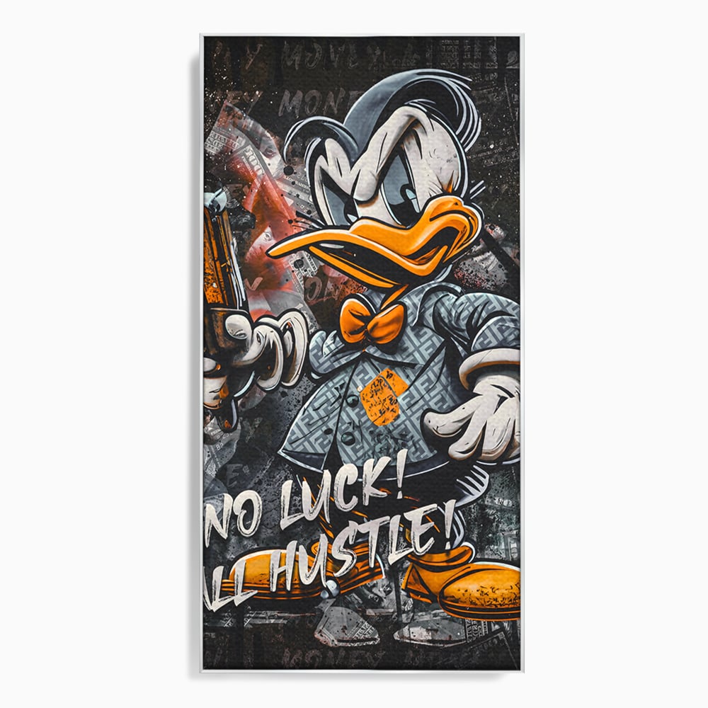 Tablou canvas cu tablou canvas cu donald duck revoltat, in rama de aluminiu argintiu