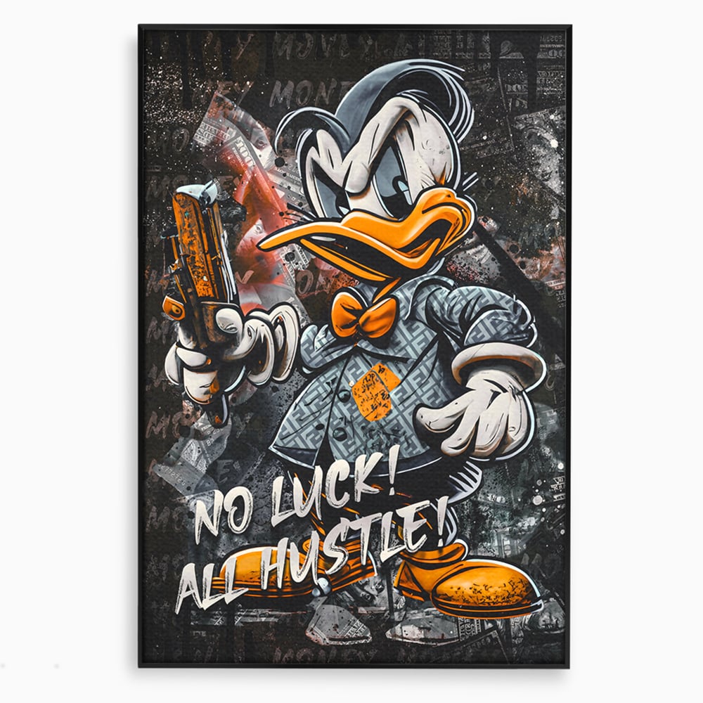 Tablou canvas cu tablou canvas cu donald duck revoltat, in rama de aluminiu negru