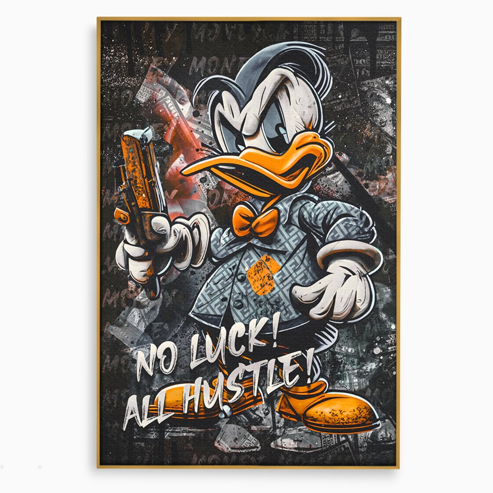 Tablou canvas cu tablou canvas cu donald duck revoltat, in rama de aluminiu auriu