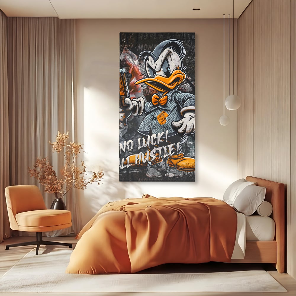 Tablou canvas cu tablou canvas cu donald duck revoltat, fara rama, pe sasiu de lemn, pe perete intr-un dormitor