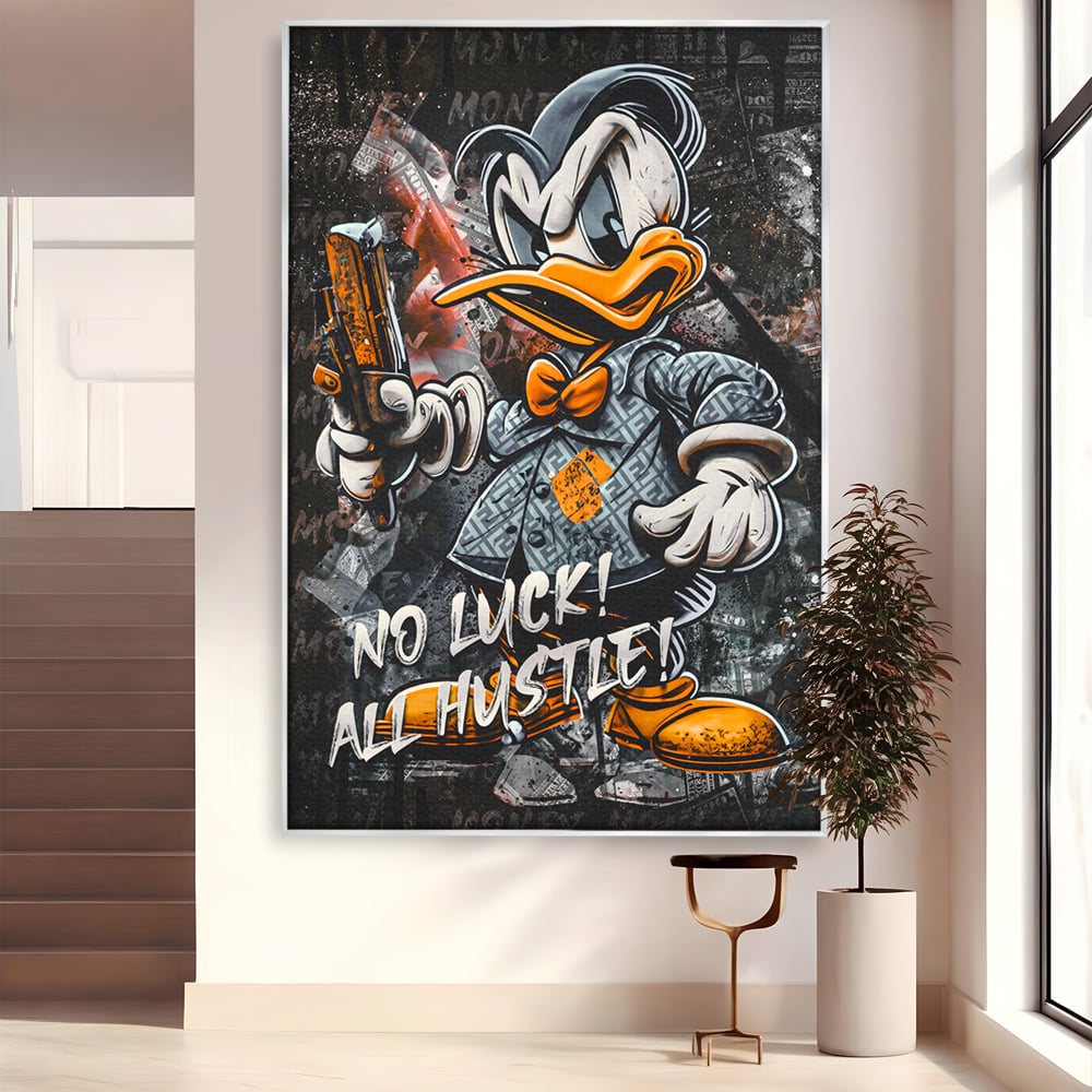 Tablou canvas cu tablou canvas cu donald duck revoltat, in rama de aluminiu argintiu