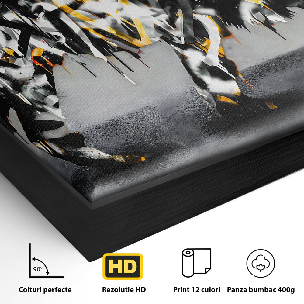 Detaliu al suprafetei: tablou canvas cu leu in stil graffiti, in rama de aluminiu negru