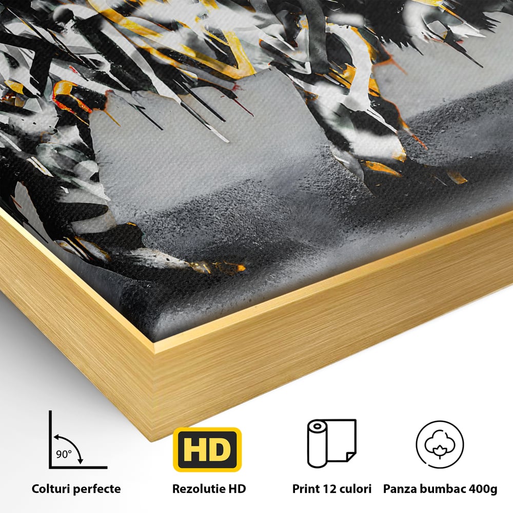 Detaliu al suprafetei: tablou canvas cu leu in stil graffiti, in rama de aluminiu auriu