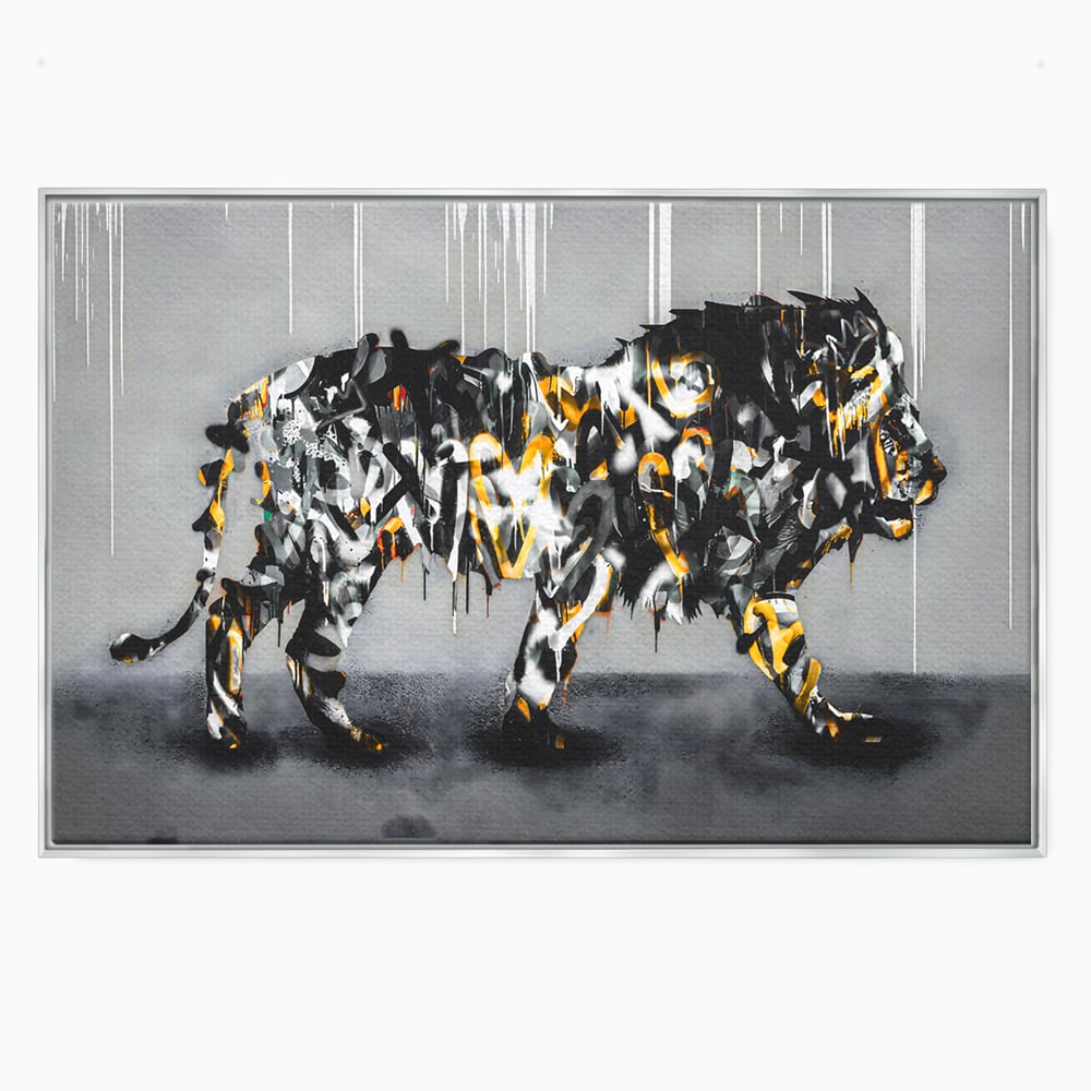 Tablou canvas cu tablou canvas cu leu in stil graffiti, in rama de aluminiu argintiu