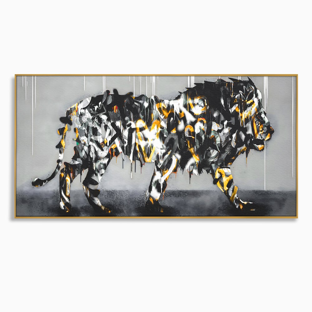 Tablou canvas cu tablou canvas cu leu in stil graffiti, in rama de aluminiu auriu