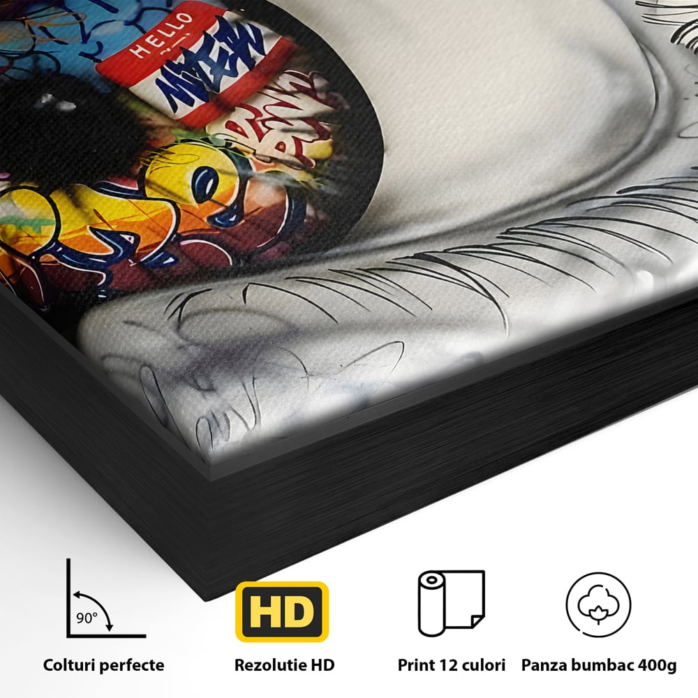 Detaliu al suprafetei: tablou canvas cu ochi uman si graffiti, in rama de aluminiu negru