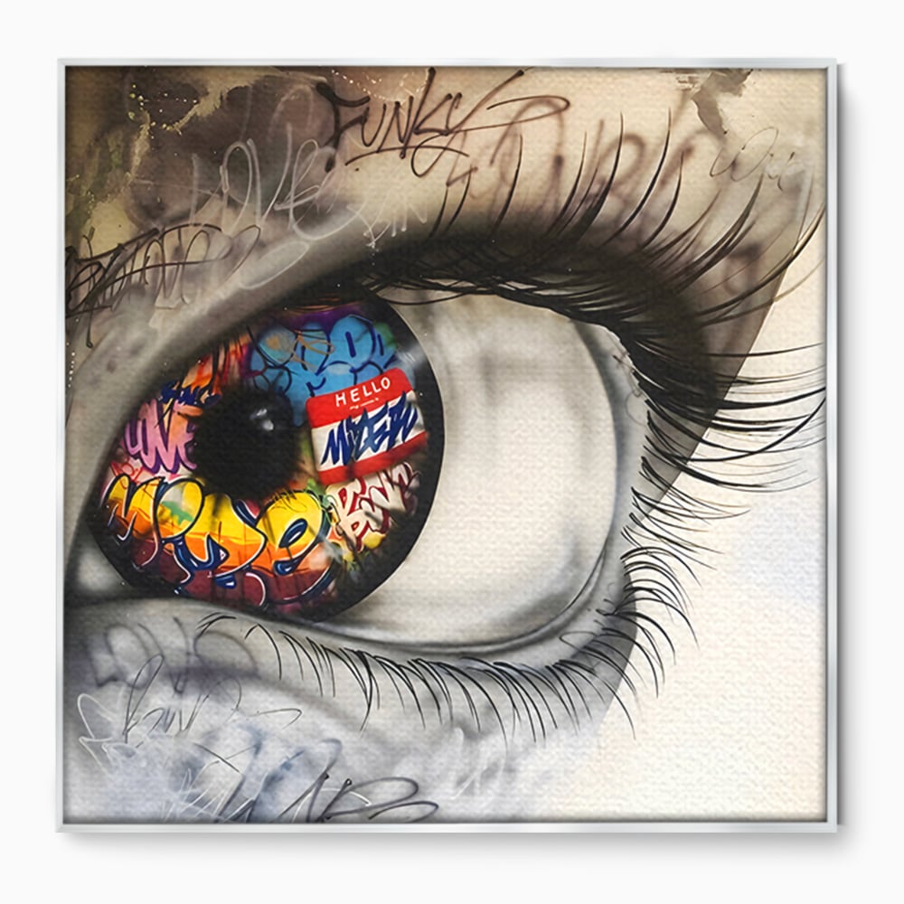 Tablou canvas cu tablou canvas cu ochi uman si graffiti, in rama de aluminiu argintiu