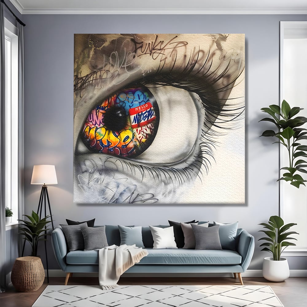 Tablou canvas cu tablou canvas cu ochi uman si graffiti, fara rama, pe sasiu de lemn, pe perete intr-un living