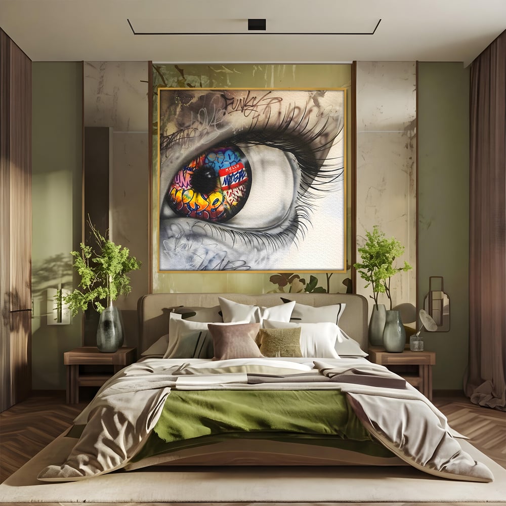 Tablou canvas cu tablou canvas cu ochi uman si graffiti, in rama de aluminiu auriu, pe perete intr-un dormitor