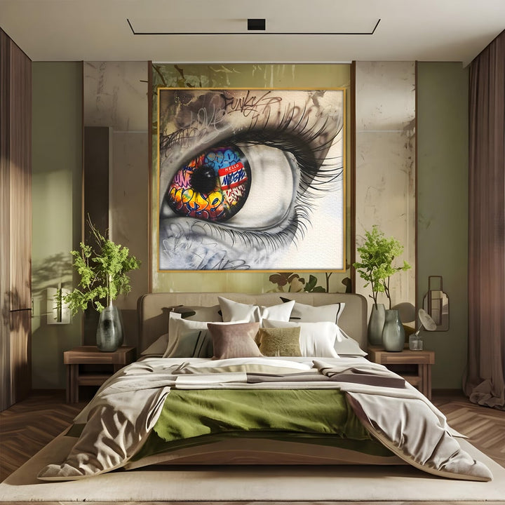 Tablou canvas cu tablou canvas cu ochi uman si graffiti, in rama de aluminiu auriu, pe perete intr-un dormitor