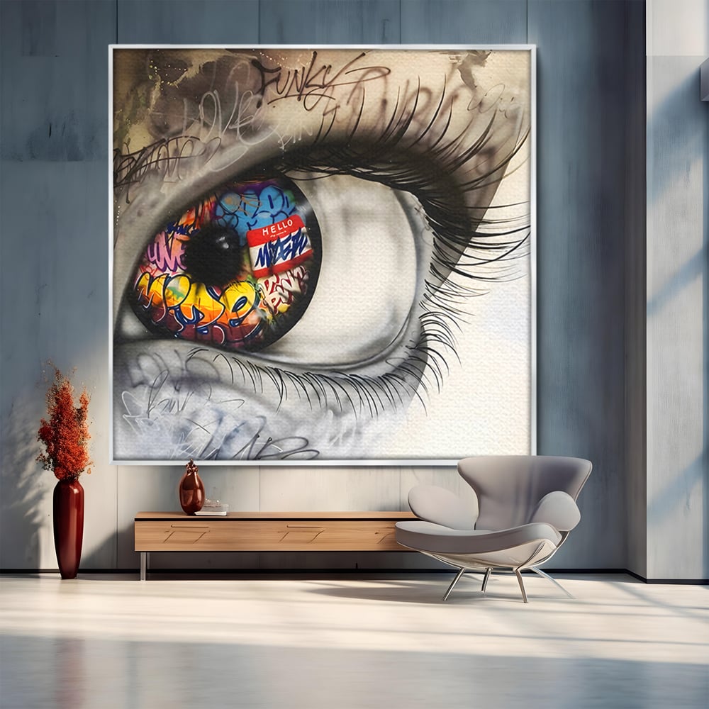 Tablou canvas cu tablou canvas cu ochi uman si graffiti, in rama de aluminiu argintiu