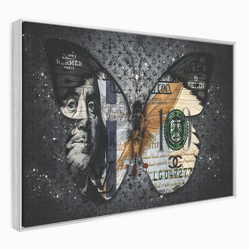 Tablou canvas cu tablou canvas cu fluture din bani, in rama de aluminiu argintiu