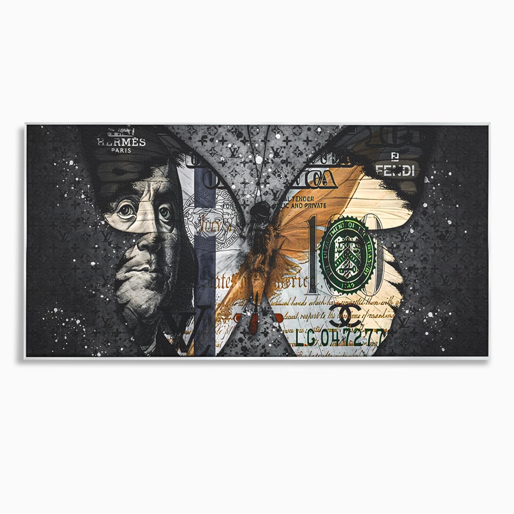 Tablou canvas cu tablou canvas cu fluture din bani, in rama de aluminiu argintiu