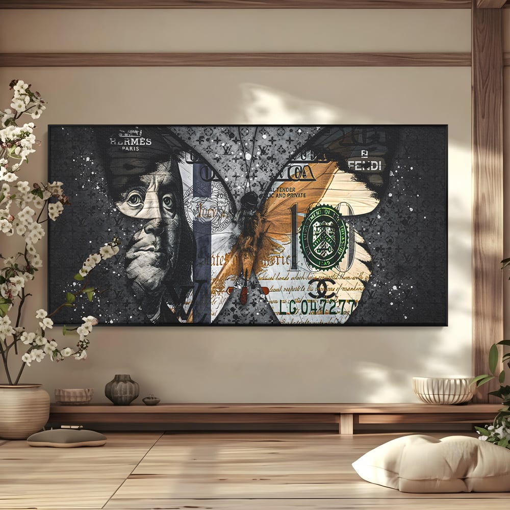 Tablou canvas cu tablou canvas cu fluture din bani, in rama de aluminiu negru