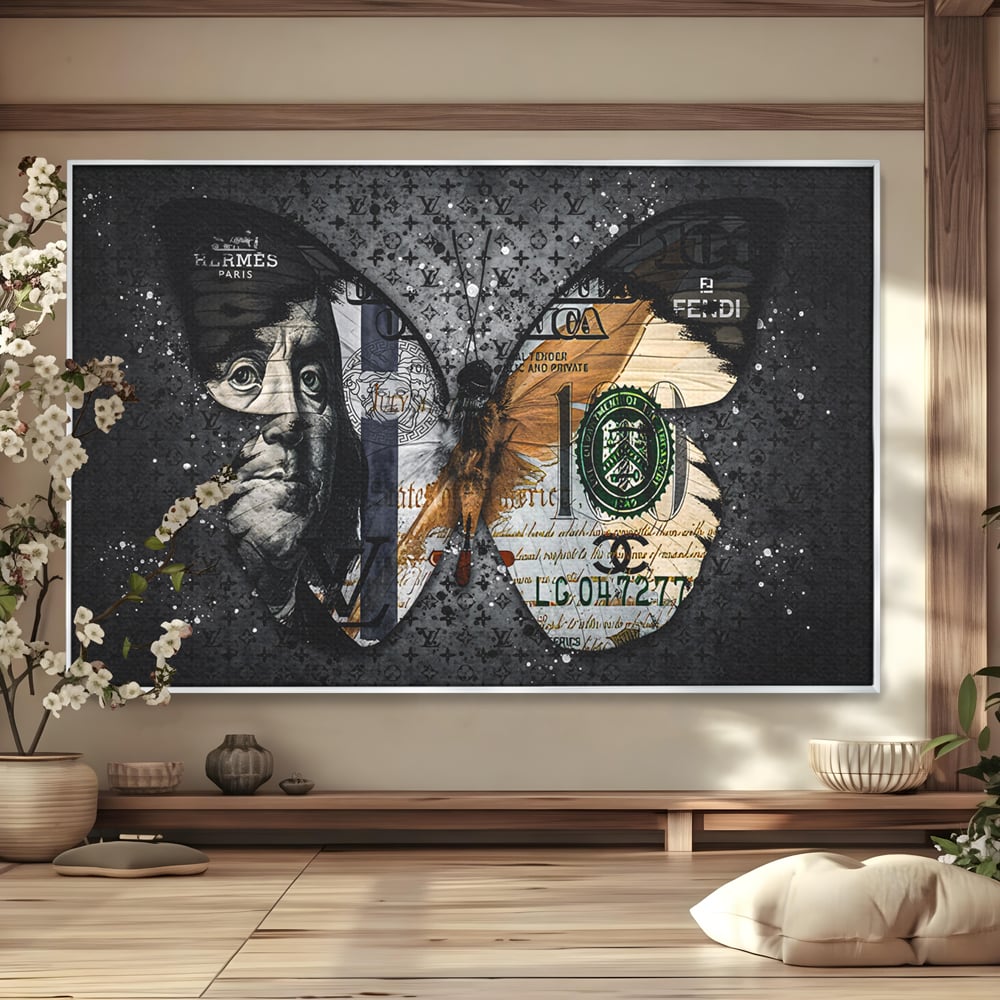 Tablou canvas cu tablou canvas cu fluture din bani, in rama de aluminiu argintiu