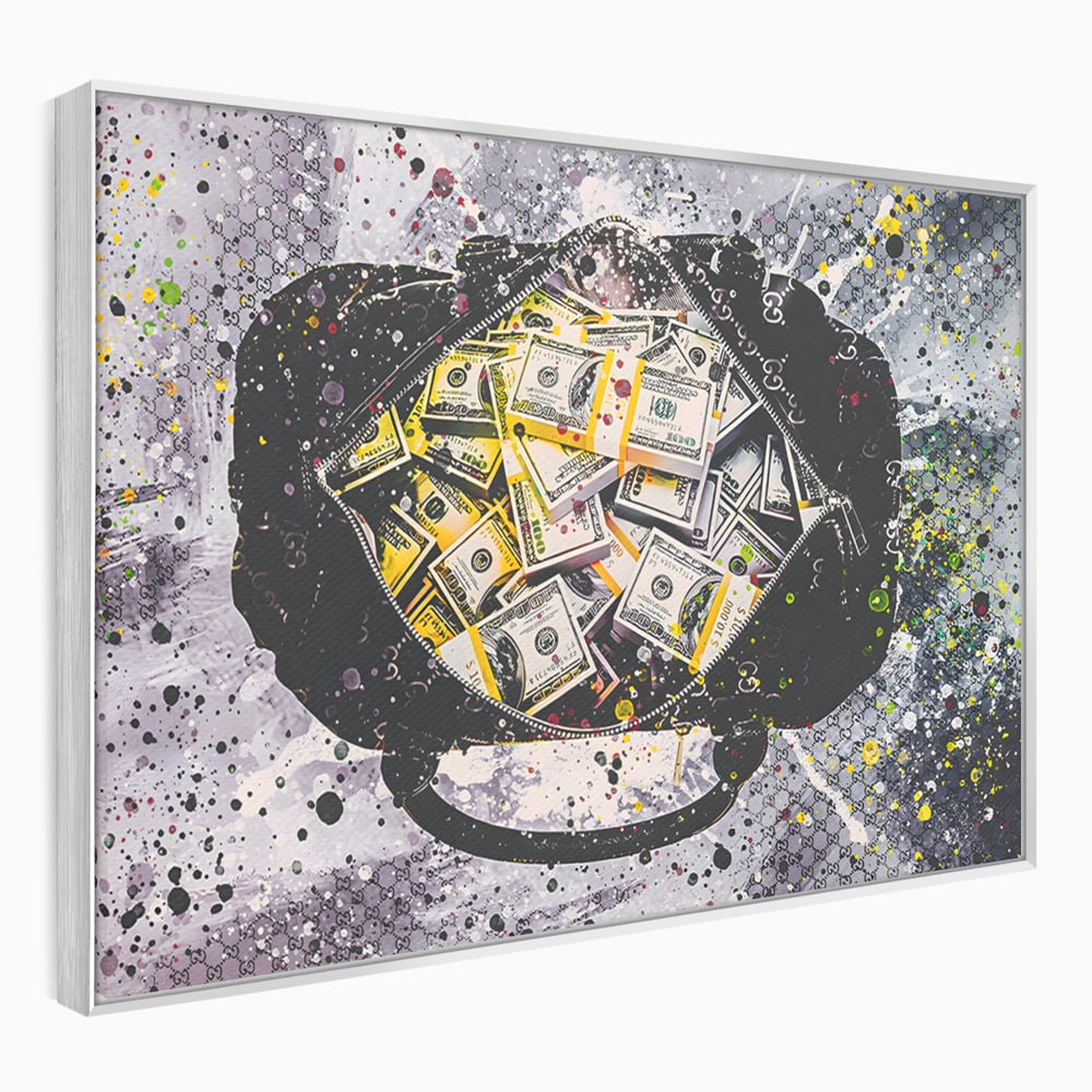 Tablou canvas cu pictura valiza plina cu dolari, in rama de aluminiu argintiu