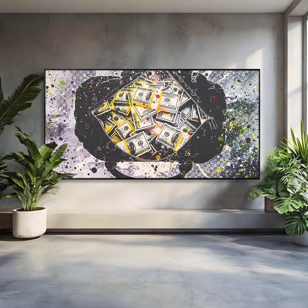 Tablou canvas cu pictura valiza plina cu dolari, in rama de aluminiu negru