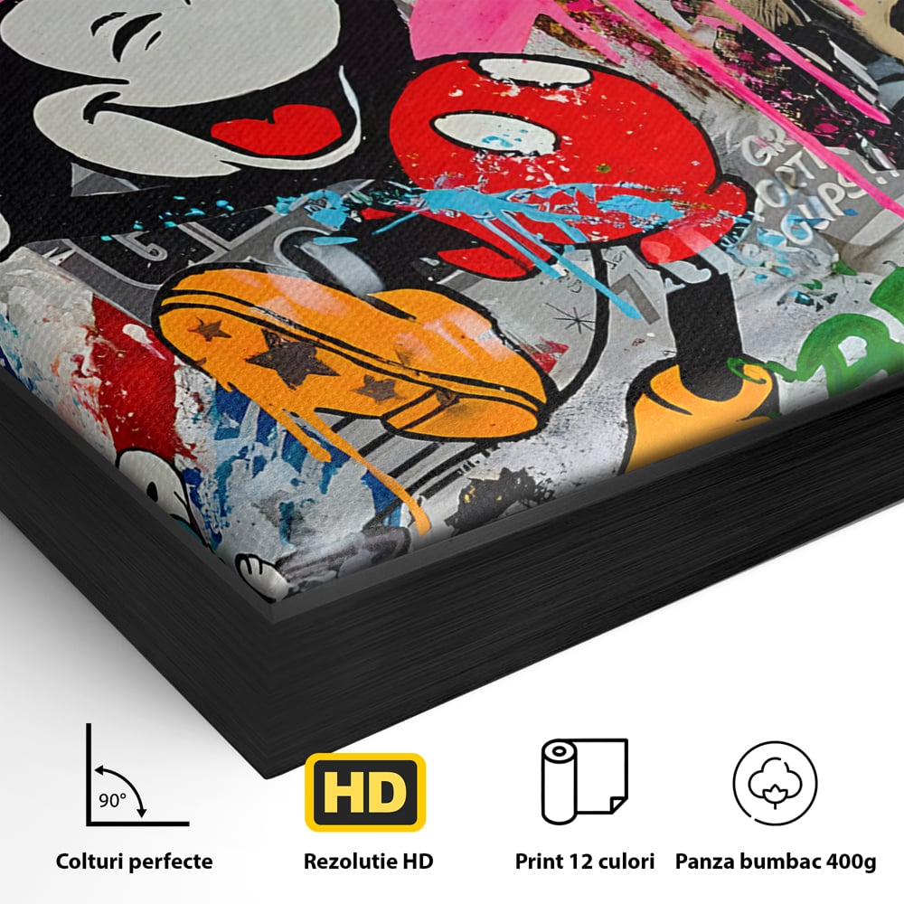 Detaliu al suprafetei: tablou canvas cu mickey mouse si personaje pop art, in rama de aluminiu negru