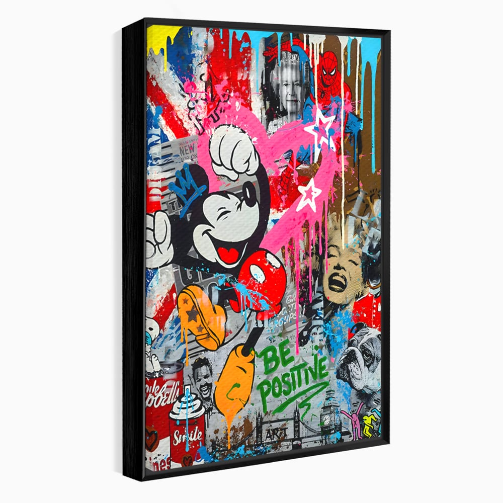 Tablou canvas cu tablou canvas cu mickey mouse si personaje pop art, in rama de aluminiu negru