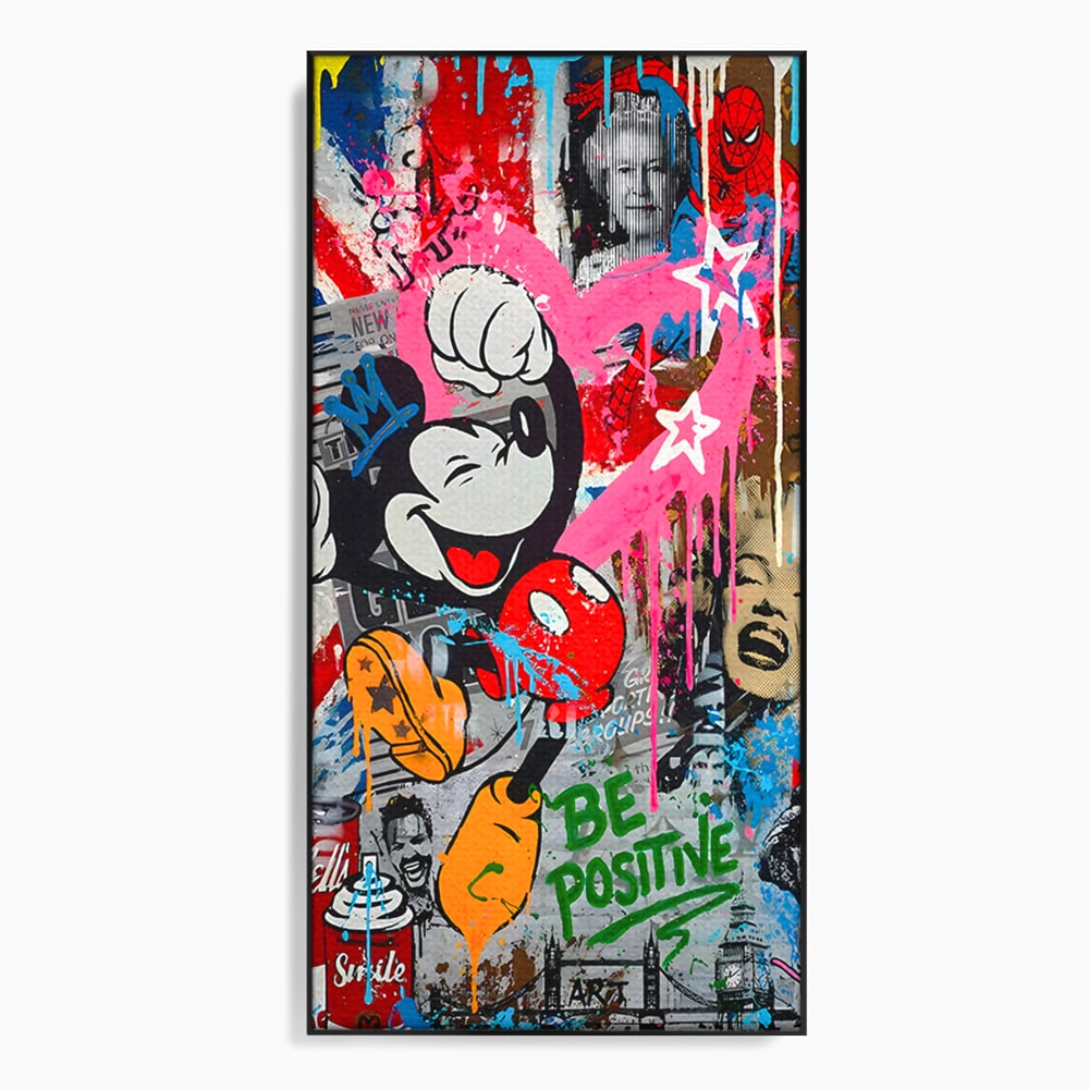 Tablou canvas cu tablou canvas cu mickey mouse si personaje pop art, in rama de aluminiu negru