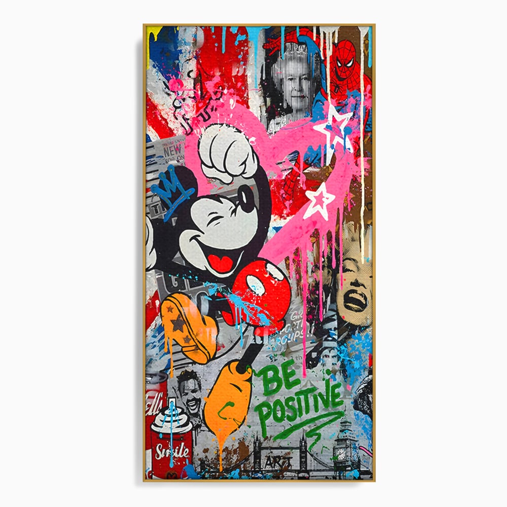 Tablou canvas cu tablou canvas cu mickey mouse si personaje pop art, in rama de aluminiu auriu