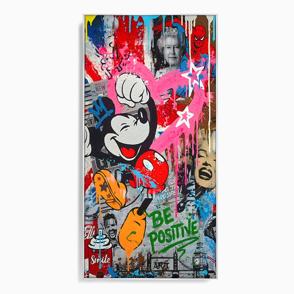 Tablou canvas cu tablou canvas cu mickey mouse si personaje pop art, in rama de aluminiu argintiu