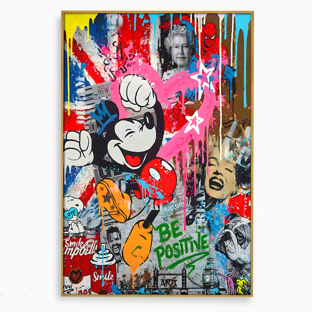 Tablou canvas cu tablou canvas cu mickey mouse si personaje pop art, in rama de aluminiu auriu
