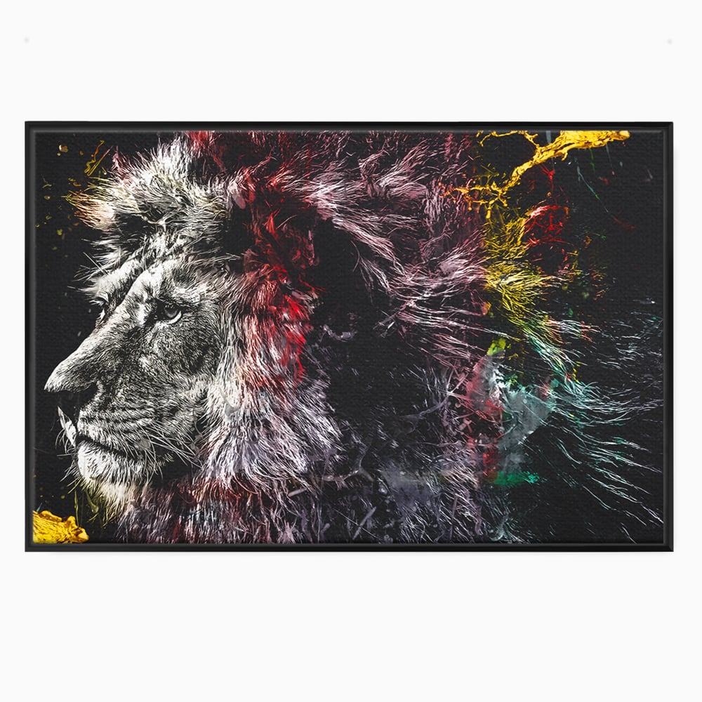 Tablou canvas cu ilustratie digitala cu profil de leu, in rama de aluminiu negru
