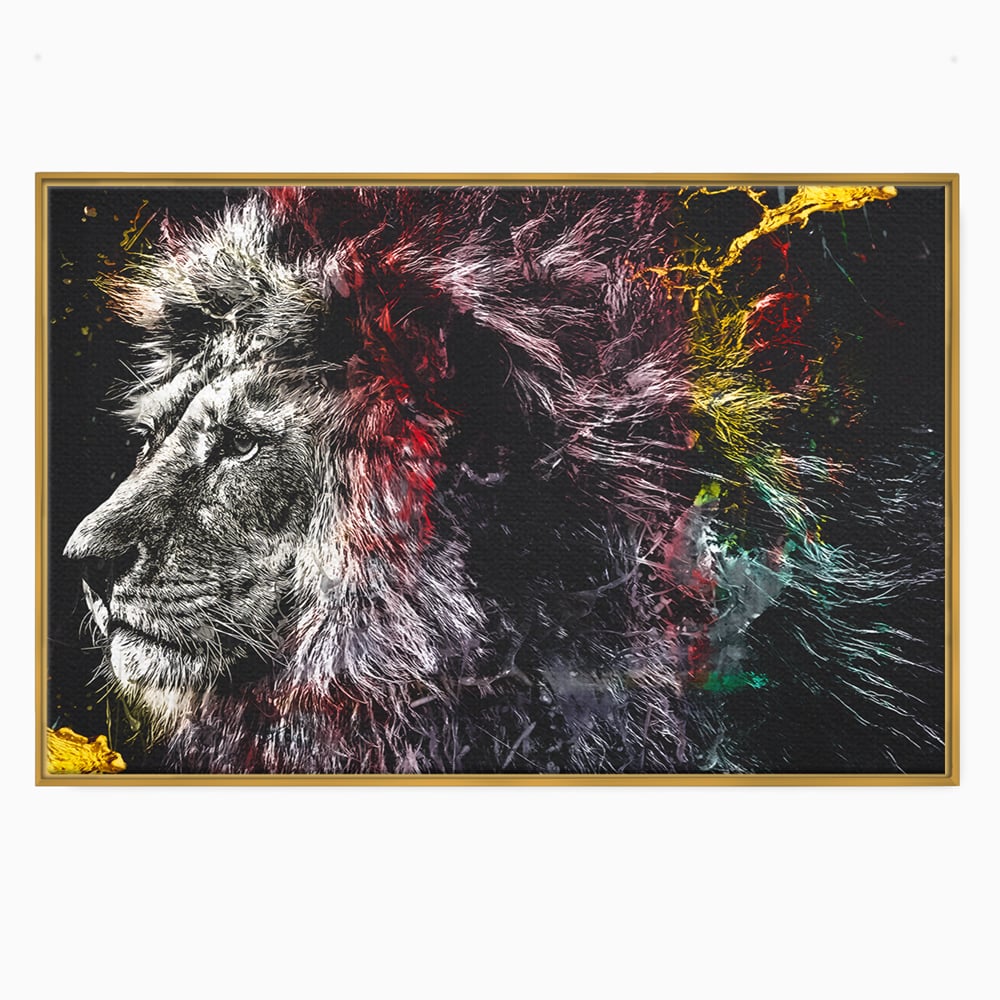 Tablou canvas cu ilustratie digitala cu profil de leu, in rama de aluminiu auriu