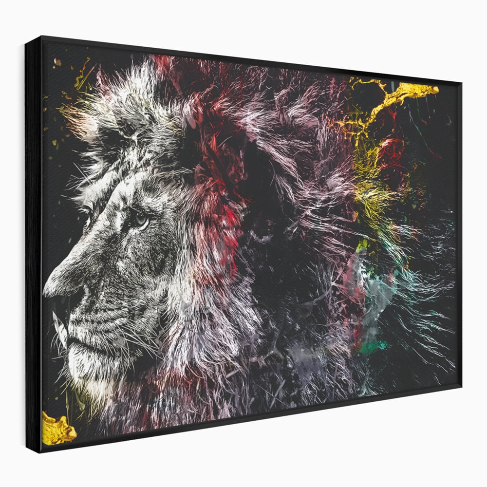Tablou canvas cu ilustratie digitala cu profil de leu, in rama de aluminiu negru
