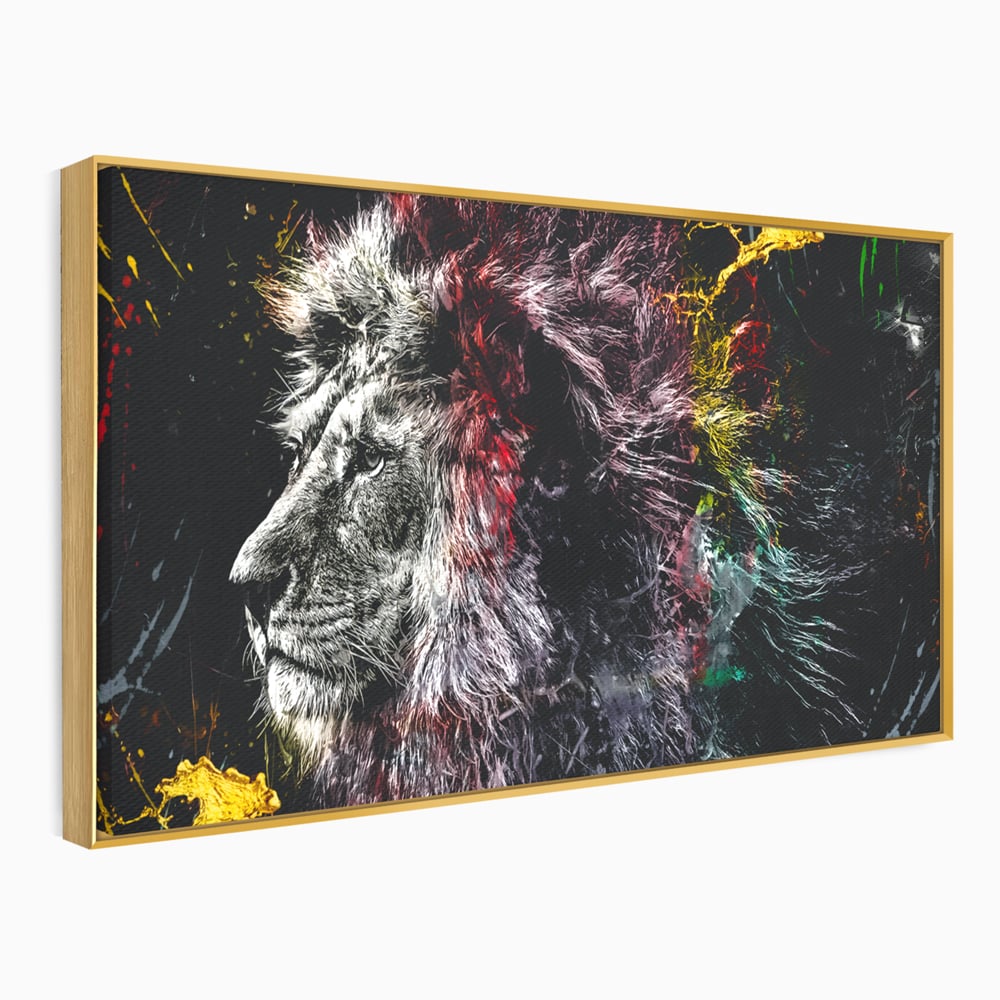 Tablou canvas cu ilustratie digitala cu profil de leu, in rama de aluminiu auriu