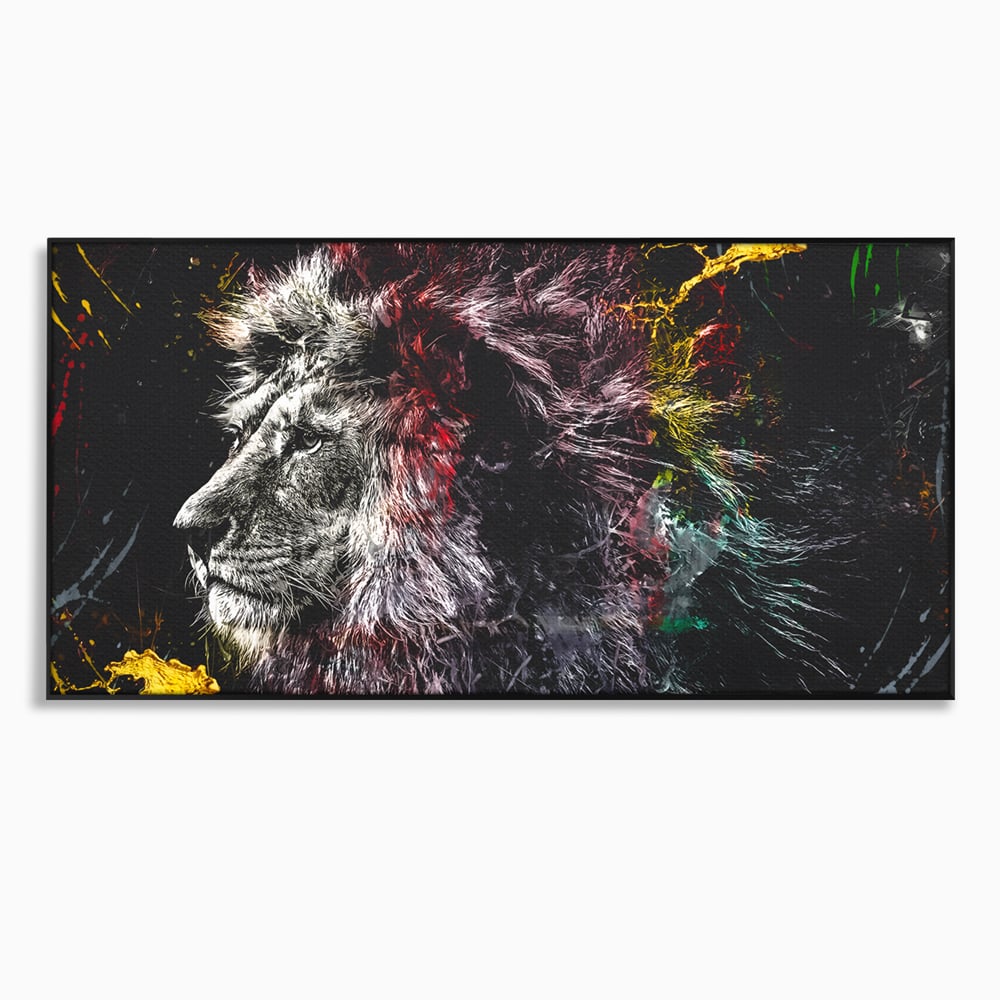 Tablou canvas cu ilustratie digitala cu profil de leu, in rama de aluminiu negru