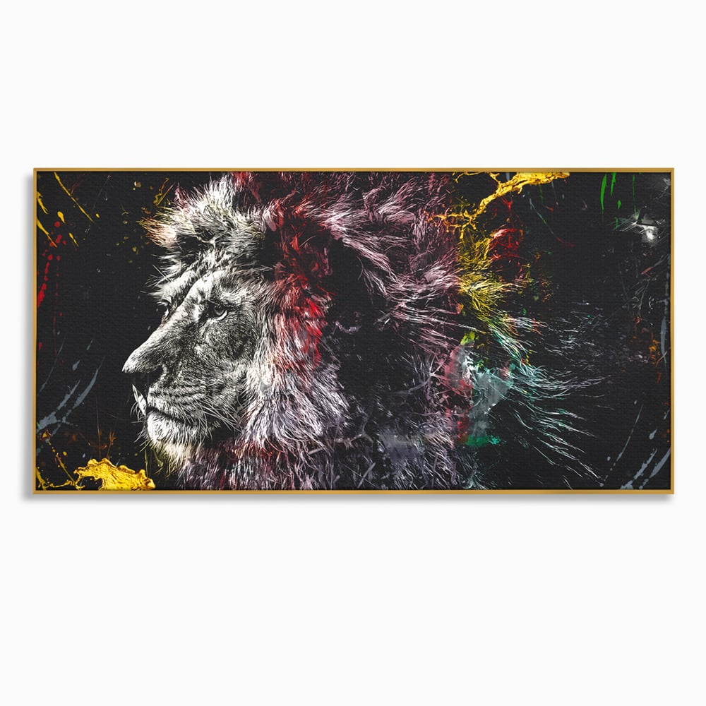Tablou canvas cu ilustratie digitala cu profil de leu, in rama de aluminiu auriu
