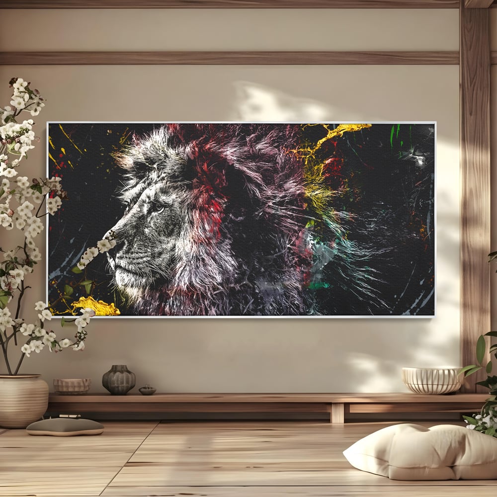 Tablou canvas cu ilustratie digitala cu profil de leu, in rama de aluminiu argintiu
