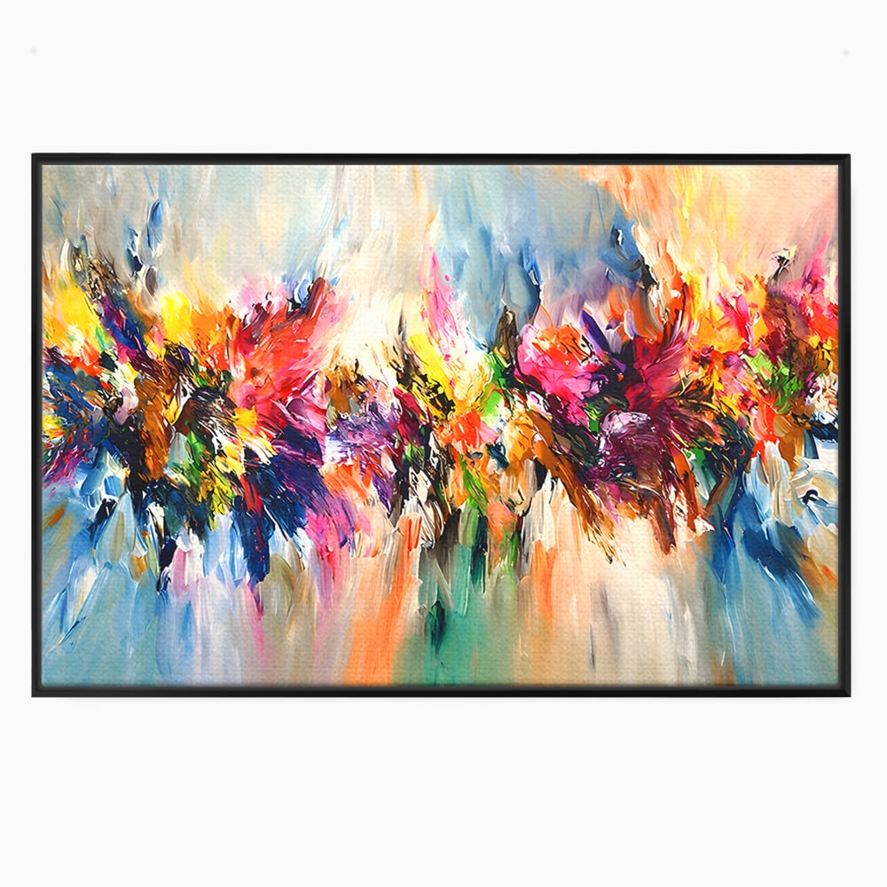 Tablou canvas cu pictura abstracta cu explozie de culoare, in rama de aluminiu negru
