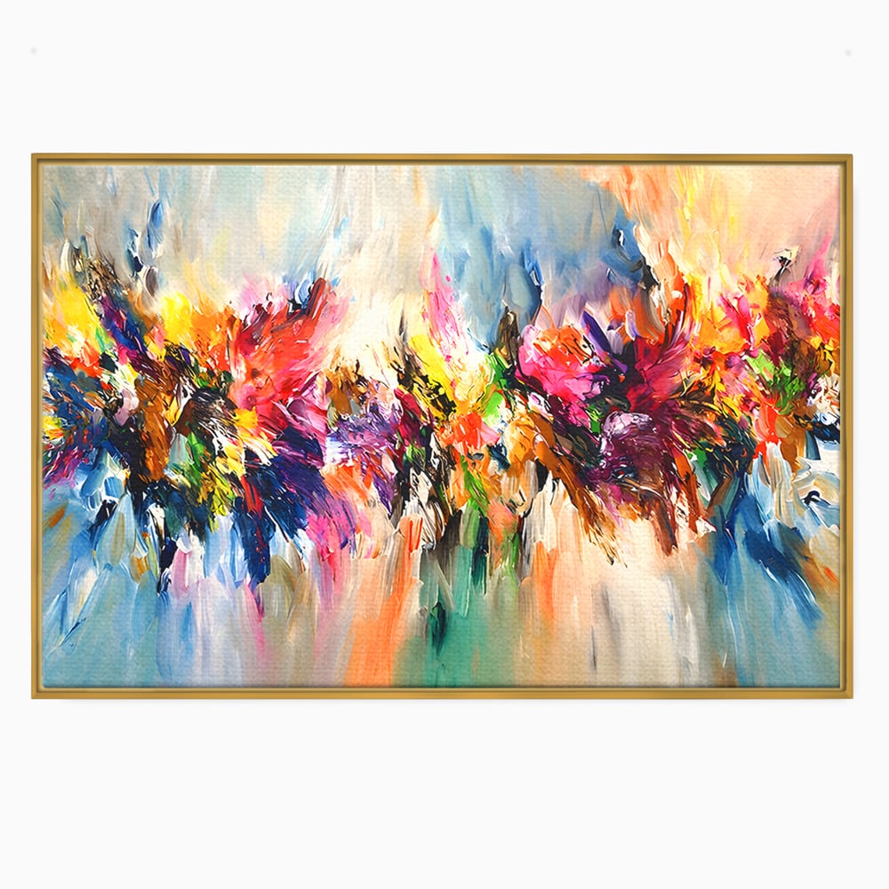Tablou canvas cu pictura abstracta cu explozie de culoare, in rama de aluminiu auriu