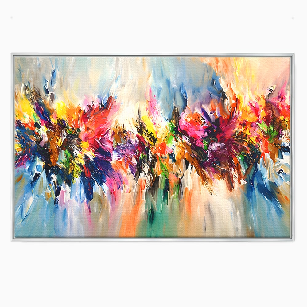 Tablou canvas cu pictura abstracta cu explozie de culoare, in rama de aluminiu argintiu