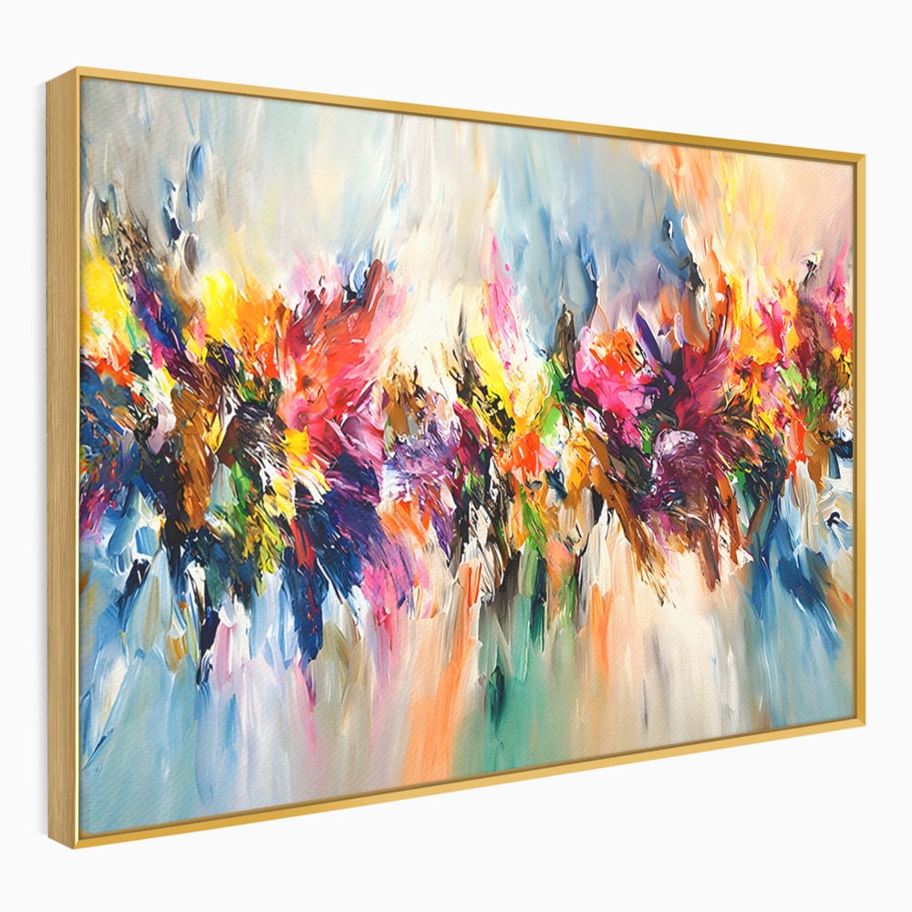 Tablou canvas cu pictura abstracta cu explozie de culoare, in rama de aluminiu auriu