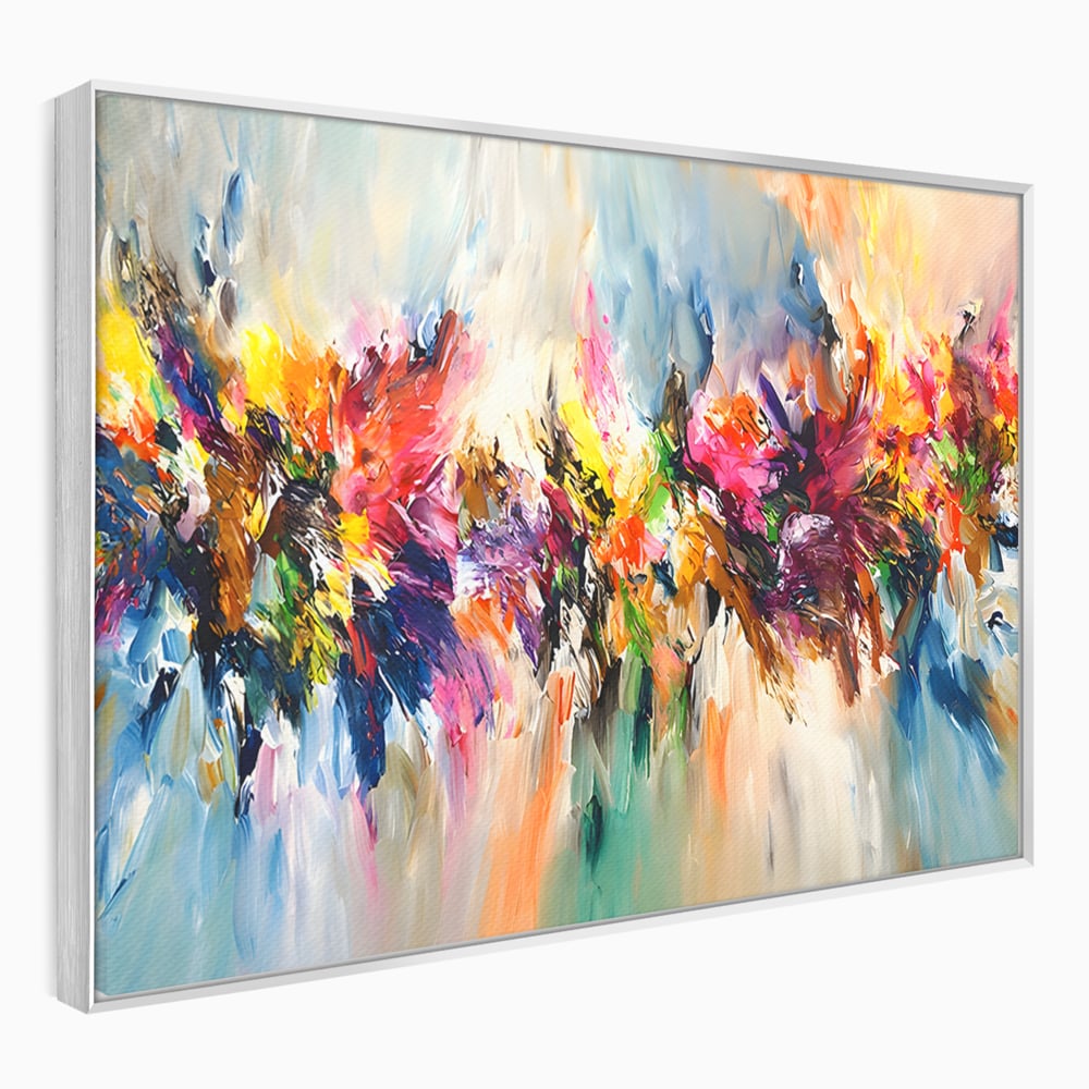 Tablou canvas cu pictura abstracta cu explozie de culoare, in rama de aluminiu argintiu