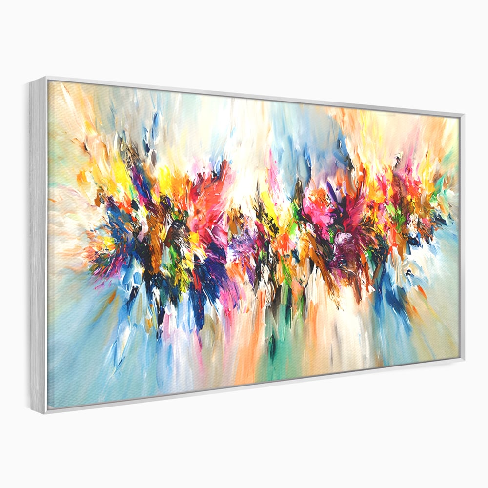 Tablou canvas cu pictura abstracta cu explozie de culoare, in rama de aluminiu argintiu
