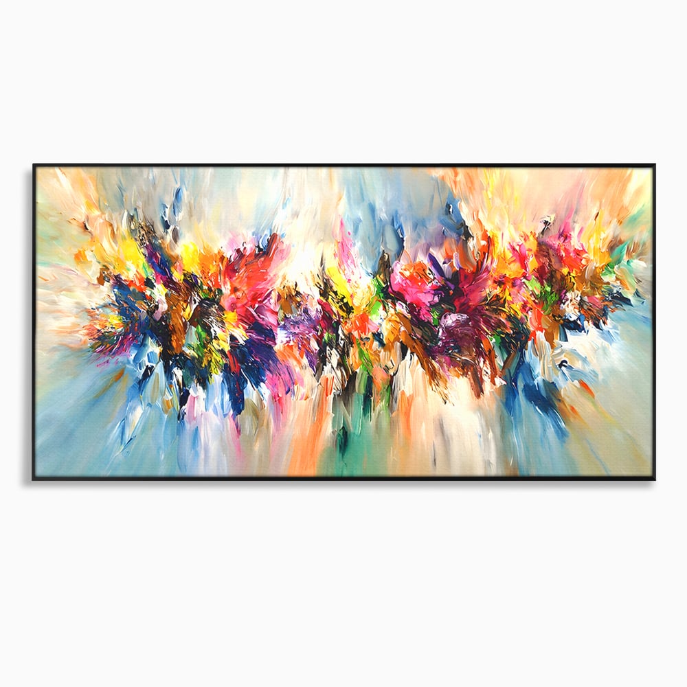 Tablou canvas cu pictura abstracta cu explozie de culoare, in rama de aluminiu negru