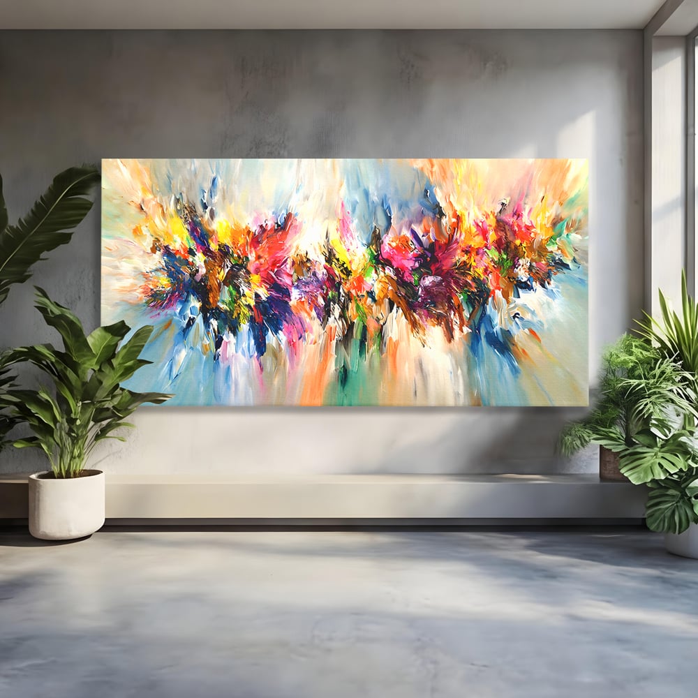 Tablou canvas cu pictura abstracta cu explozie de culoare, fara rama, pe sasiu de lemn
