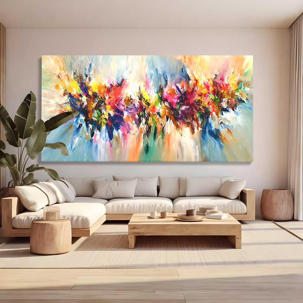 Tablou canvas cu pictura abstracta cu explozie de culoare, fara rama, pe sasiu de lemn, pe perete intr-un living