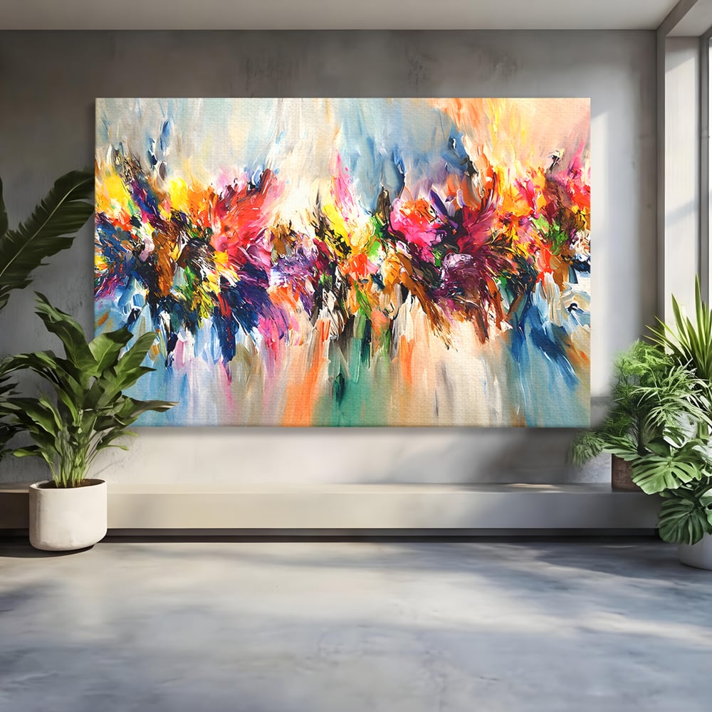 Tablou canvas cu pictura abstracta cu explozie de culoare, fara rama, pe sasiu de lemn